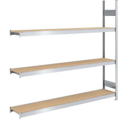 Wide span boltless shelf unit chipboard panels, height 2000 mm, width 2000 mm, max. bay load 1200 kg, depth 400 mm, extension shelf unit.