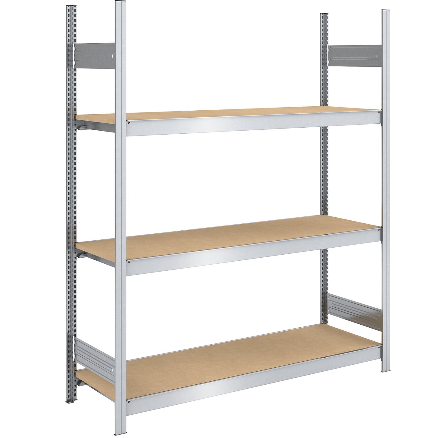 Wide span boltless shelf unit chipboard panels, height 2000 mm, width 1500 mm, max. bay load 1200 kg, depth 600 mm, standard shelf unit.
