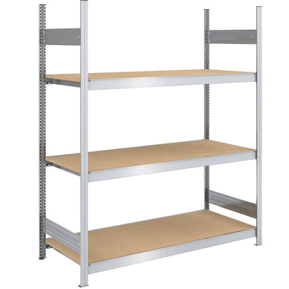 Wide span boltless shelf unit chipboard panels, height 2000 mm, width 1500 mm, max. bay load 1200 kg, depth 800 mm, standard shelf unit.