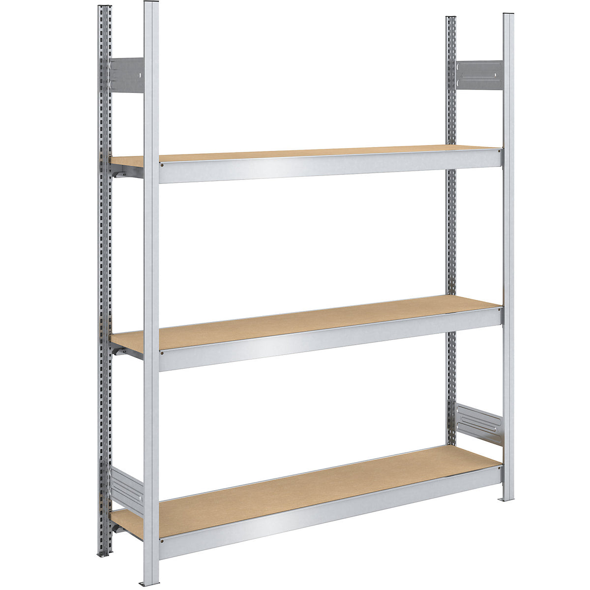 Wide span boltless shelf unit chipboard panels, height 2000 mm, width 1500 mm, max. bay load 1200 kg, depth 400 mm, standard shelf unit.