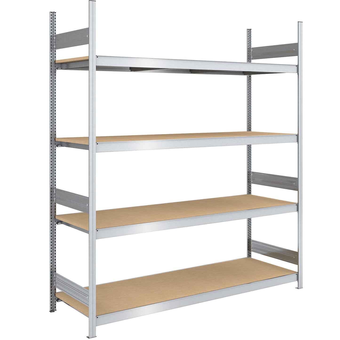 Wide span boltless shelf unit chipboard panels, height 2500 mm, width 2000 mm, max. bay load 1750 kg, depth 800 mm, standard shelf unit.