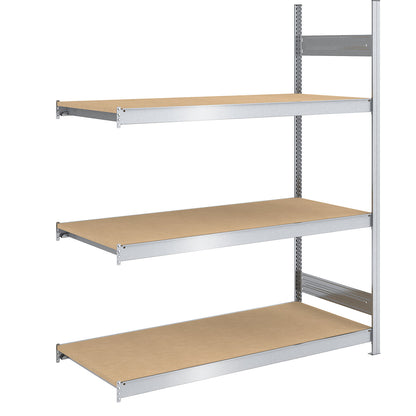 Wide span boltless shelf unit chipboard panels, height 2000 mm, width 1500 mm, max. bay load 1200 kg, depth 800 mm, extension shelf unit.