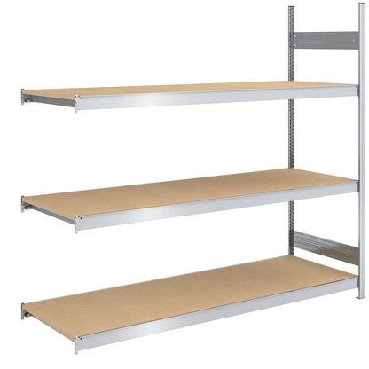 Wide span boltless shelf unit chipboard panels, height 2000 mm, width 2000 mm, max. bay load 1200 kg, depth 800 mm, extension shelf unit.