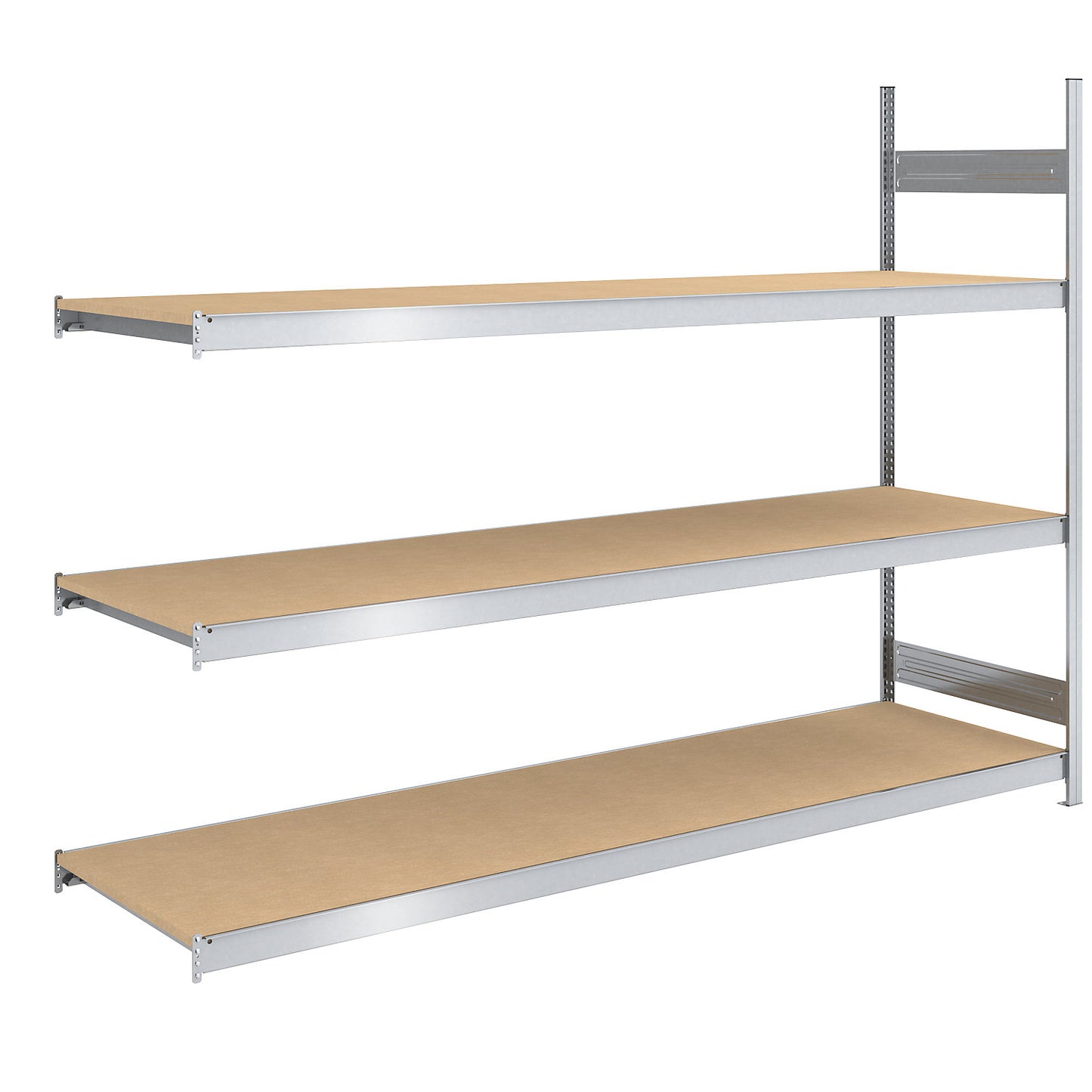 Wide span boltless shelf unit chipboard panels, height 2000 mm, width 2500 (2 x 1250) mm, max. bay load 1200 kg, depth 800 mm, extension shelf unit.