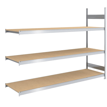 Wide span boltless shelf unit chipboard panels, height 2000 mm, width 2500 (2 x 1250) mm, max. bay load 1200 kg, depth 800 mm, extension shelf unit.