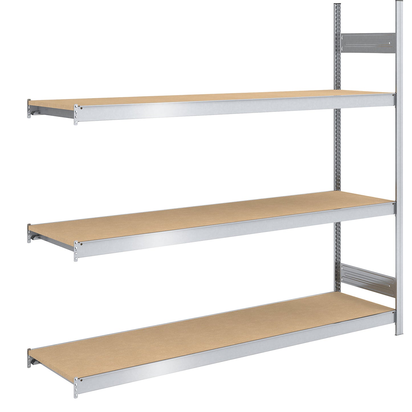 Wide span boltless shelf unit chipboard panels, height 2000 mm, width 2000 mm, max. bay load 1200 kg, depth 600 mm, extension shelf unit.