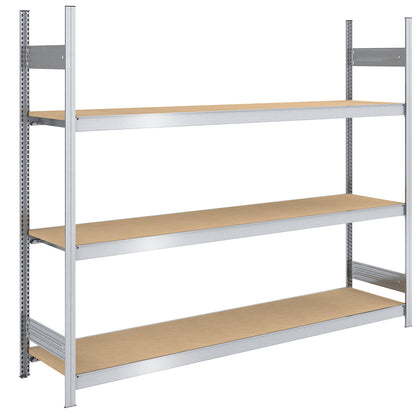 Wide span boltless shelf unit chipboard panels, height 2000 mm, width 2250 (2 x 1125) mm, max. bay load 1200 kg, depth 600 mm, standard shelf unit.
