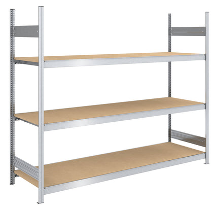 Wide span boltless shelf unit chipboard panels, height 2000 mm, width 2250 (2 x 1125) mm, max. bay load 1200 kg, depth 800 mm, standard shelf unit.