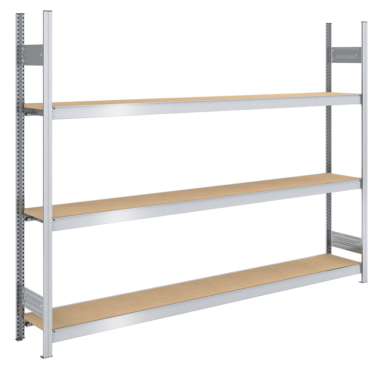Wide span boltless shelf unit chipboard panels, height 2000 mm, width 2500 (2 x 1250) mm, max. bay load 1200 kg, depth 400 mm, standard shelf unit.