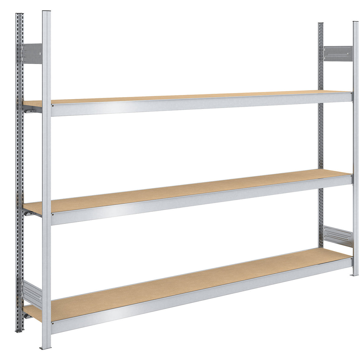 Wide span boltless shelf unit chipboard panels, height 2000 mm, width 2500 (2 x 1250) mm, max. bay load 1200 kg, depth 400 mm, standard shelf unit.