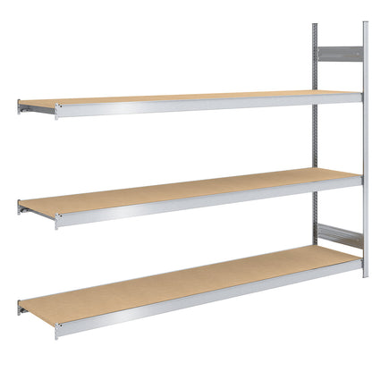 Wide span boltless shelf unit chipboard panels, height 2000 mm, width 2500 (2 x 1250) mm, max. bay load 1200 kg, depth 600 mm, extension shelf unit.