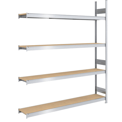 Wide span boltless shelf unit chipboard panels, height 2500 mm, width 2000 mm, max. bay load 1750 kg, depth 400 mm, extension shelf unit.