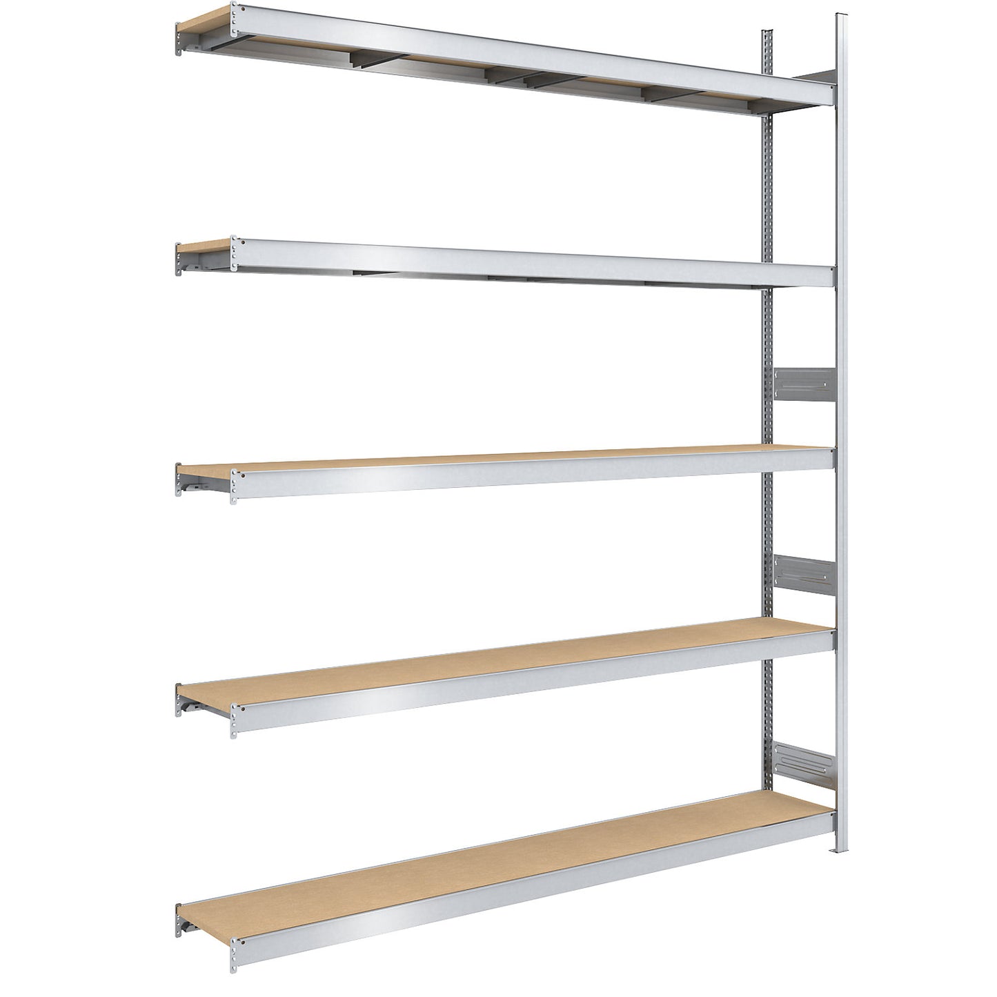 Wide span boltless shelf unit chipboard panels, height 3000 mm, width 2250 (2 x 1125) mm, max. bay load 2000 kg, depth 400 mm, extension shelf unit.