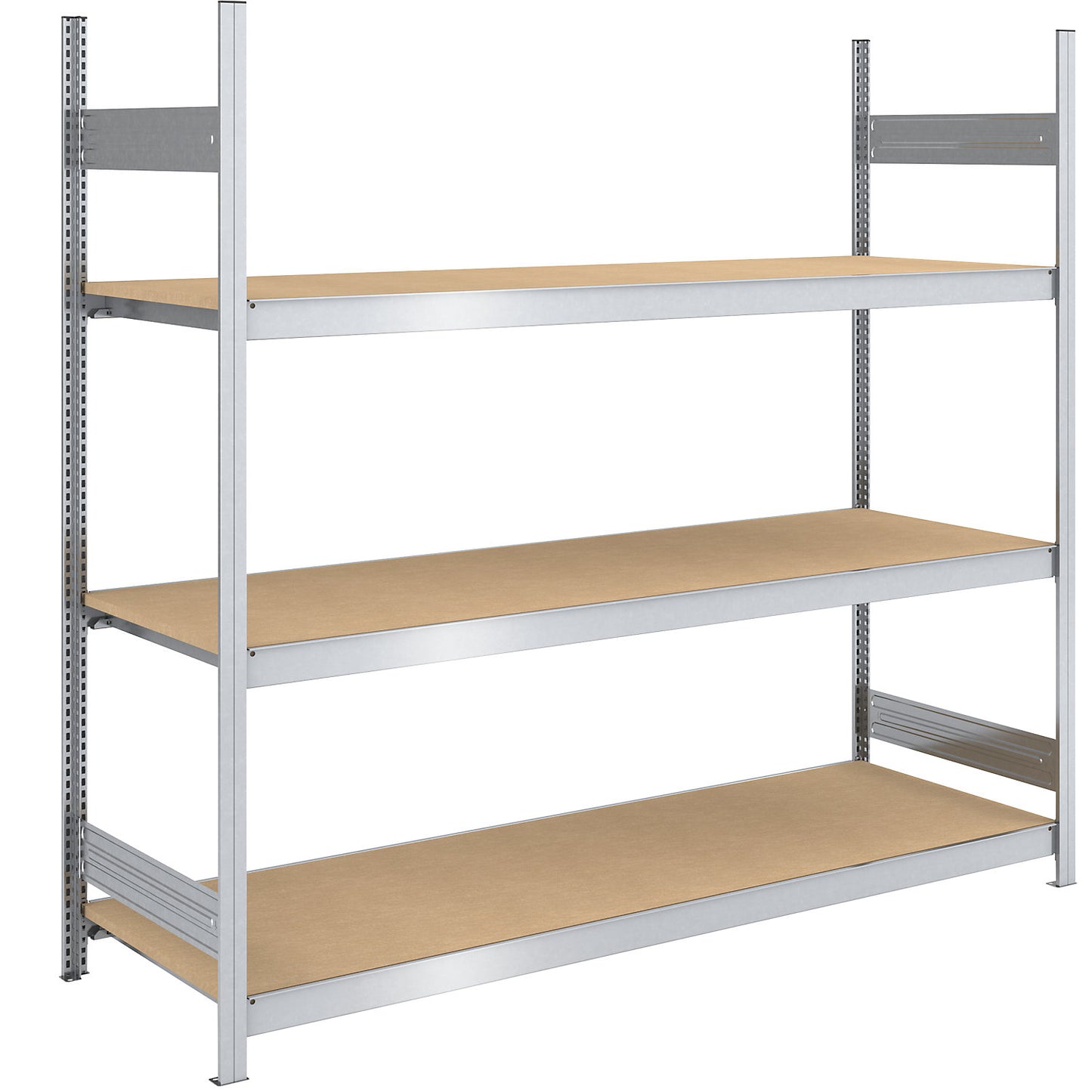 Wide span boltless shelf unit chipboard panels, height 2000 mm, width 2000 mm, max. bay load 1200 kg, depth 800 mm, standard shelf unit.