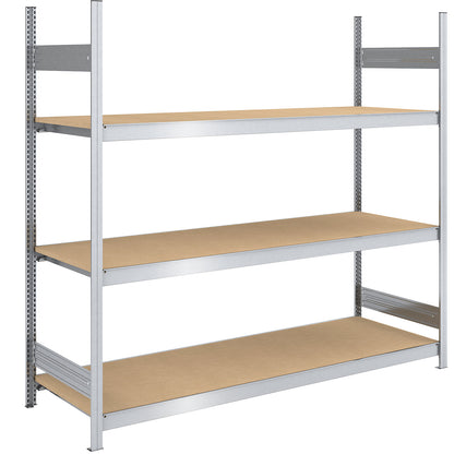 Wide span boltless shelf unit chipboard panels, height 2000 mm, width 2000 mm, max. bay load 1200 kg, depth 800 mm, standard shelf unit.