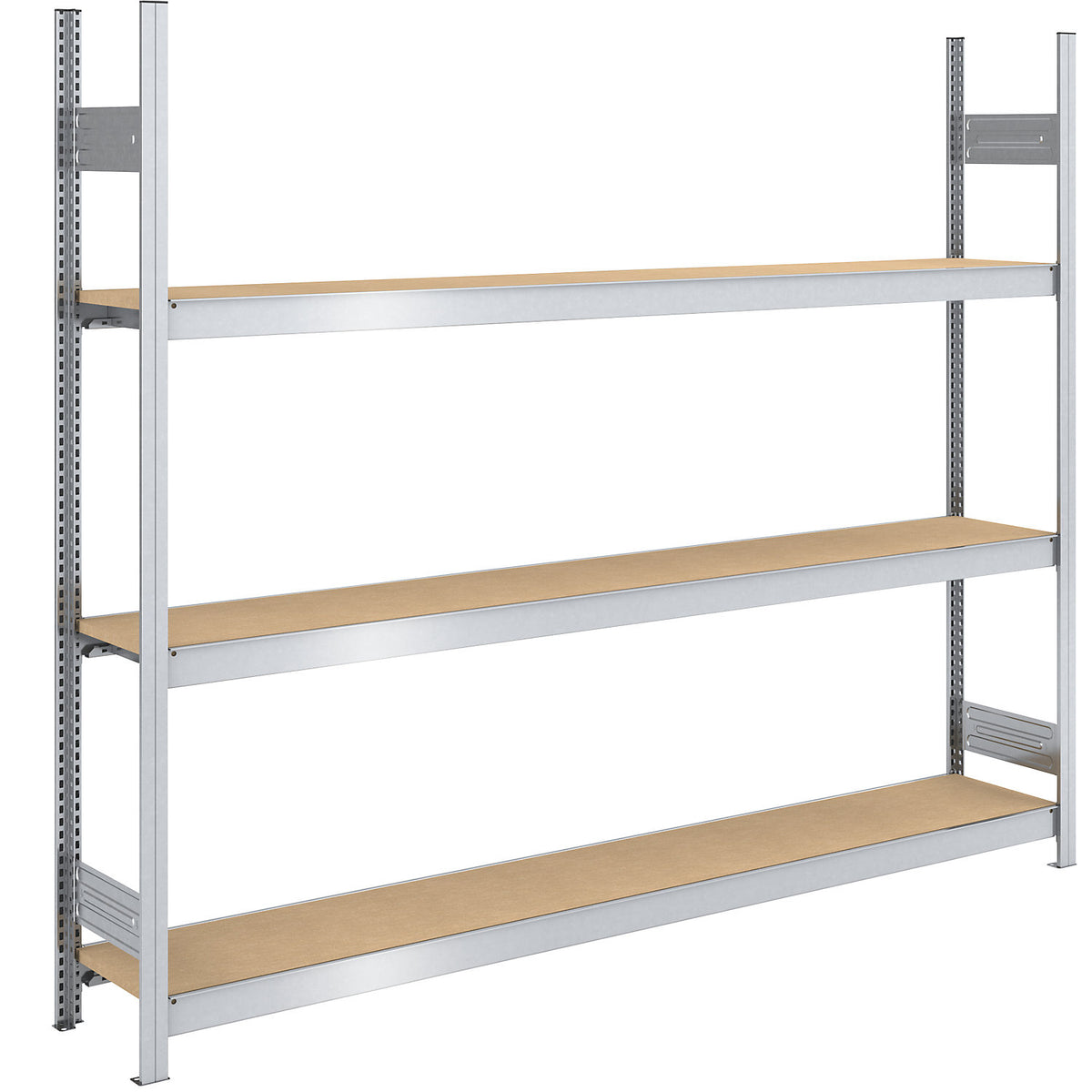 Wide span boltless shelf unit chipboard panels, height 2000 mm, width 2250 (2 x 1125) mm, max. bay load 1200 kg, depth 400 mm, standard shelf unit.