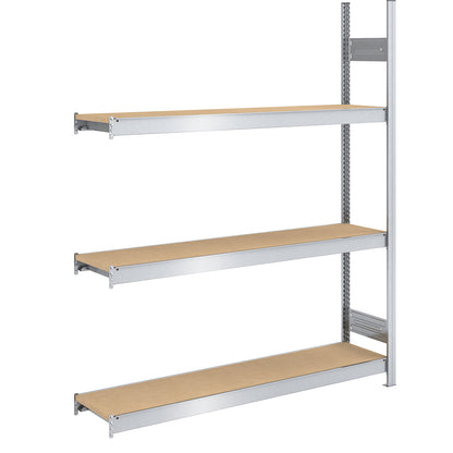 Wide span boltless shelf unit chipboard panels, height 2000 mm, width 1500 mm, max. bay load 1200 kg, depth 400 mm, extension shelf unit.