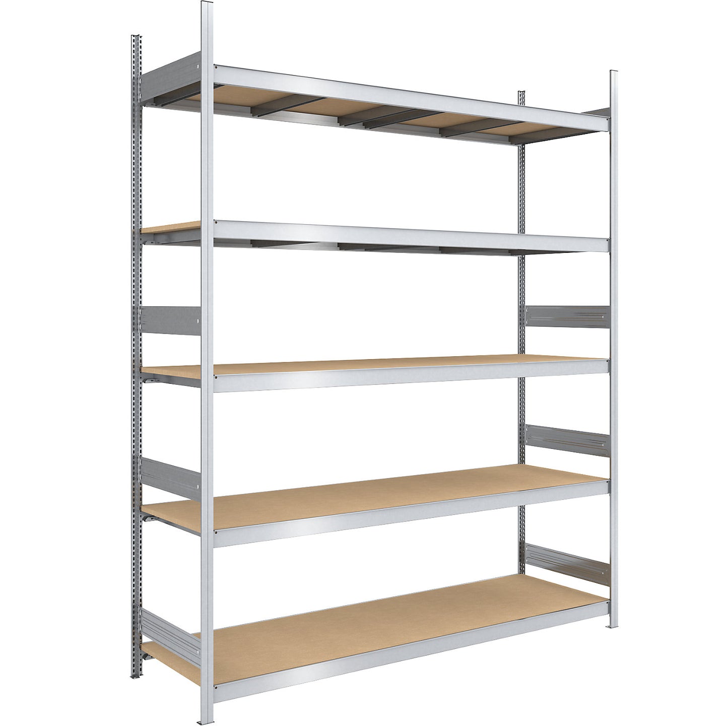Wide span boltless shelf unit chipboard panels, height 3000 mm, width 2250 (2 x 1125) mm, max. bay load 2000 kg, depth 800 mm, standard shelf unit.