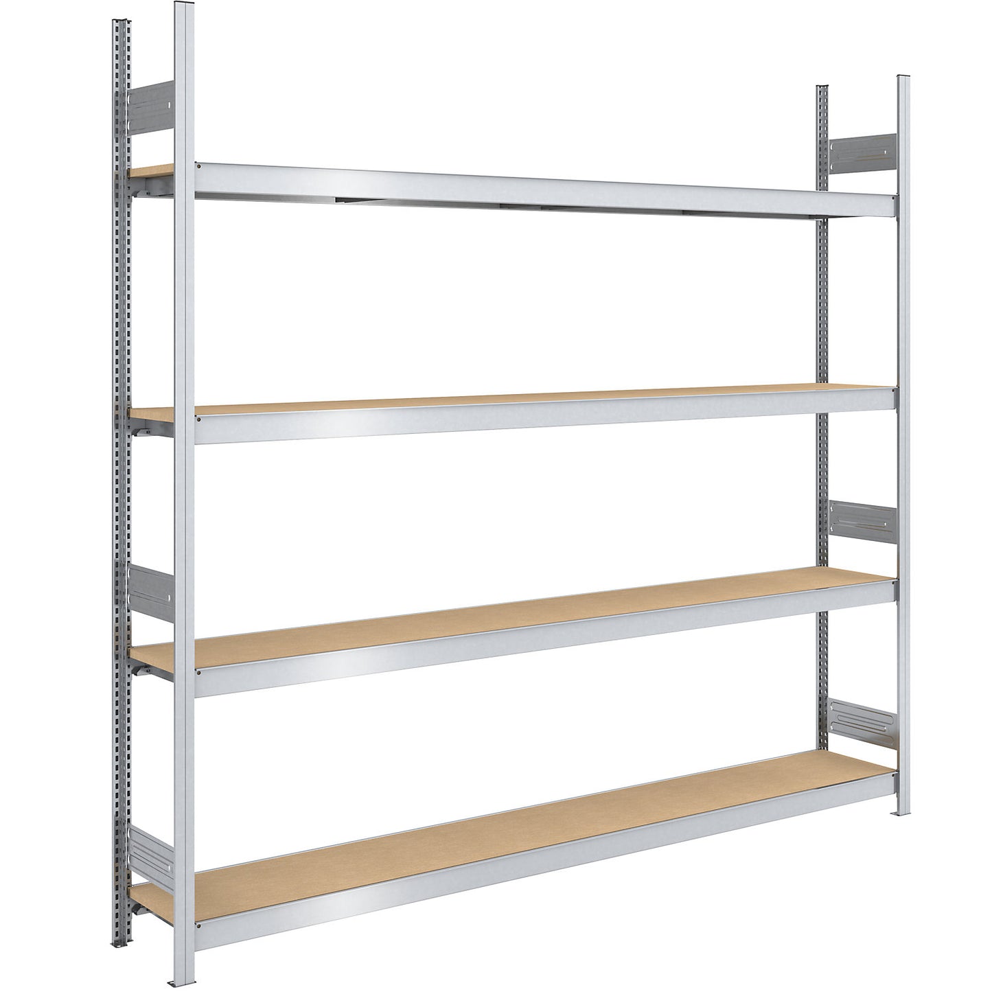 Wide span boltless shelf unit chipboard panels, height 2500 mm, width 2500 (2 x 1250) mm, max. bay load 1750 kg, depth 400 mm, standard shelf unit.