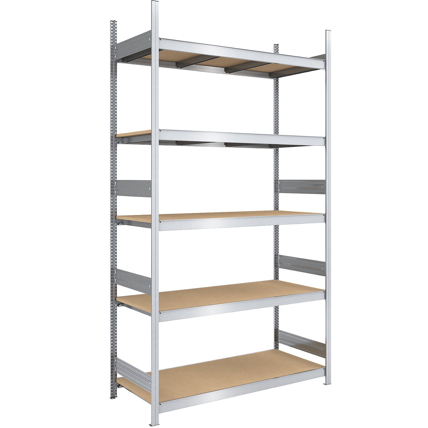 Wide span boltless shelf unit chipboard panels, height 3000 mm, width 1500 mm, max. bay load 2000 kg, depth 800 mm, standard shelf unit.