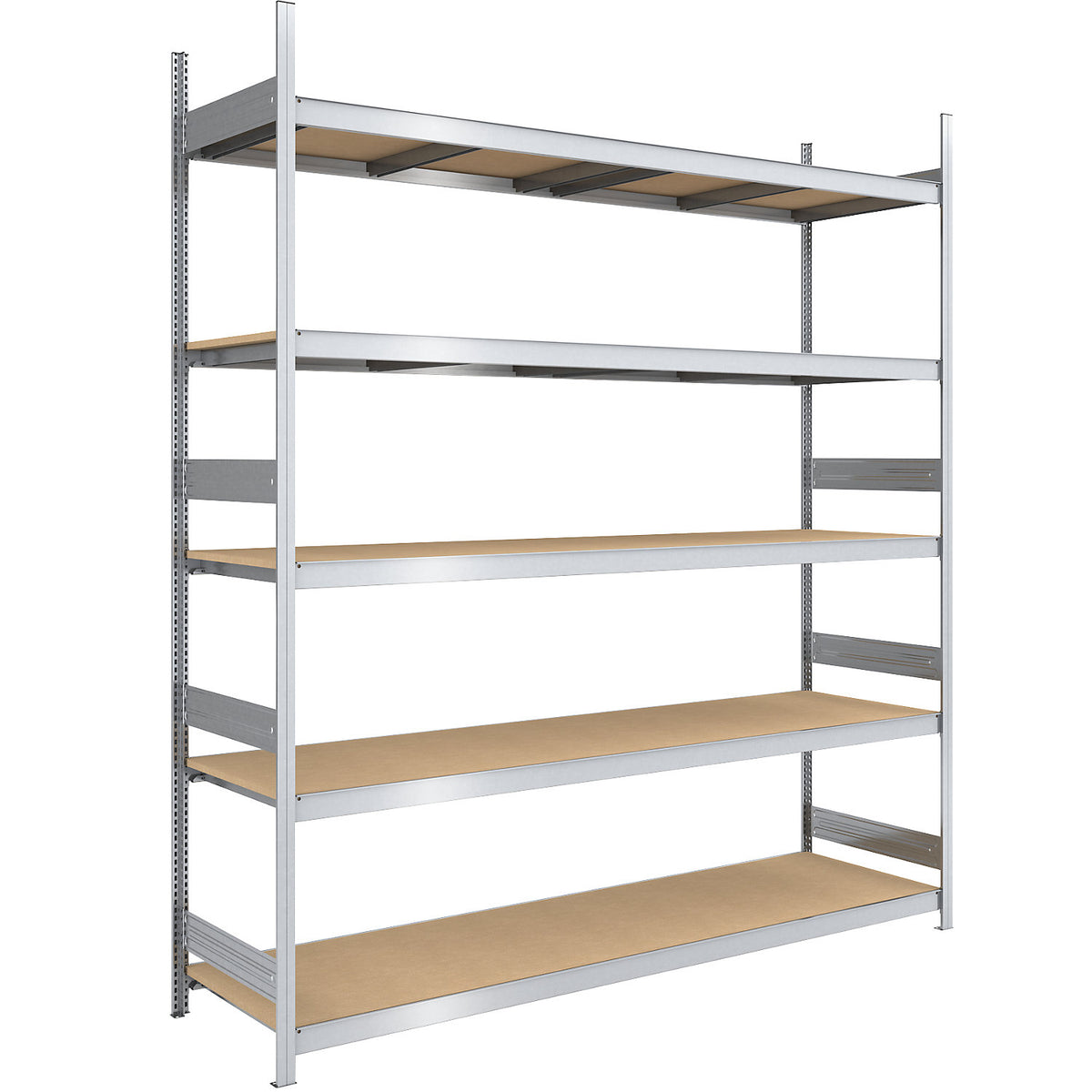 Wide span boltless shelf unit chipboard panels, height 3000 mm, width 2500 (2 x 1250) mm, max. bay load 2000 kg, depth 800 mm, standard shelf unit.