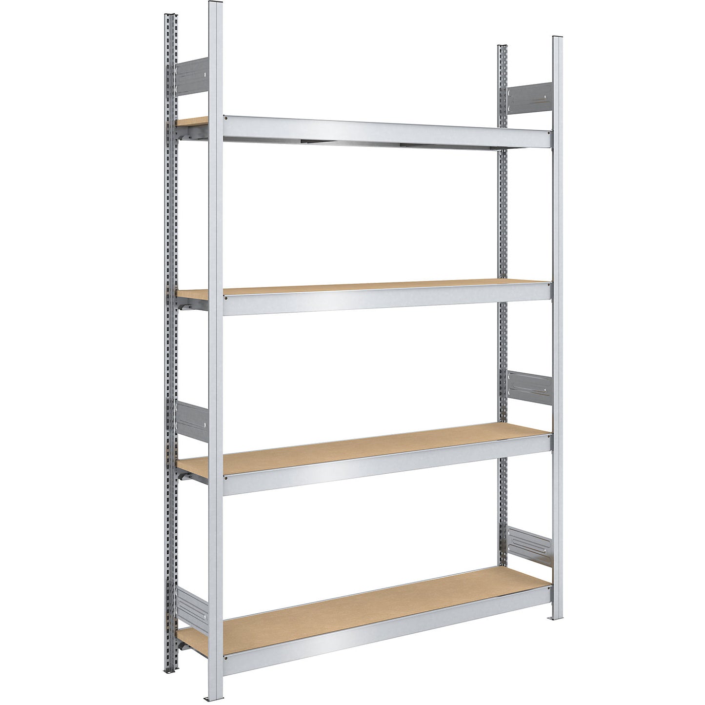 Wide span boltless shelf unit chipboard panels, height 2500 mm, width 1500 mm, max. bay load 1750 kg, depth 400 mm, standard shelf unit.