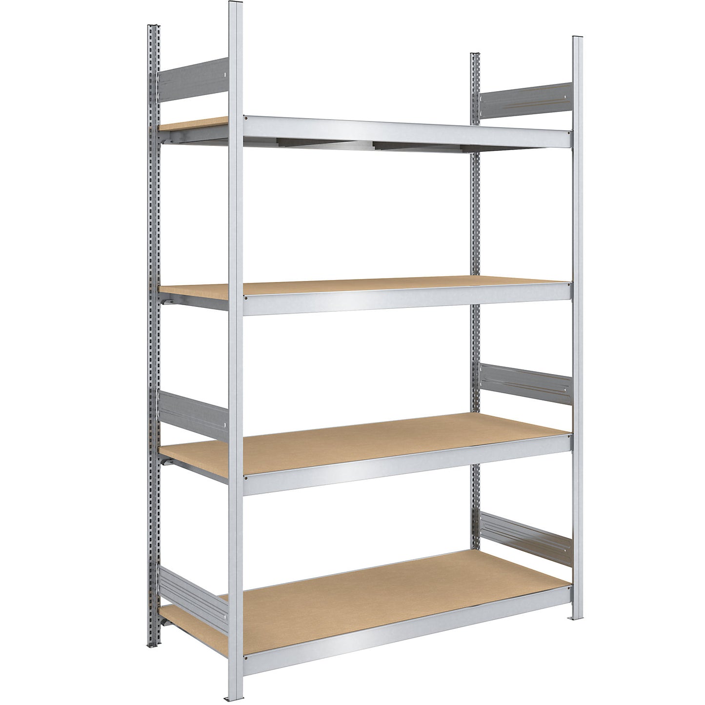 Wide span boltless shelf unit chipboard panels, height 2500 mm, width 1500 mm, max. bay load 1750 kg, depth 800 mm, standard shelf unit.