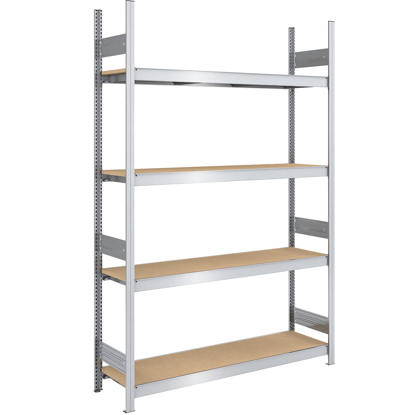 Wide span boltless shelf unit chipboard panels, height 2500 mm, width 1500 mm, max. bay load 1750 kg, depth 500 mm, standard shelf unit.