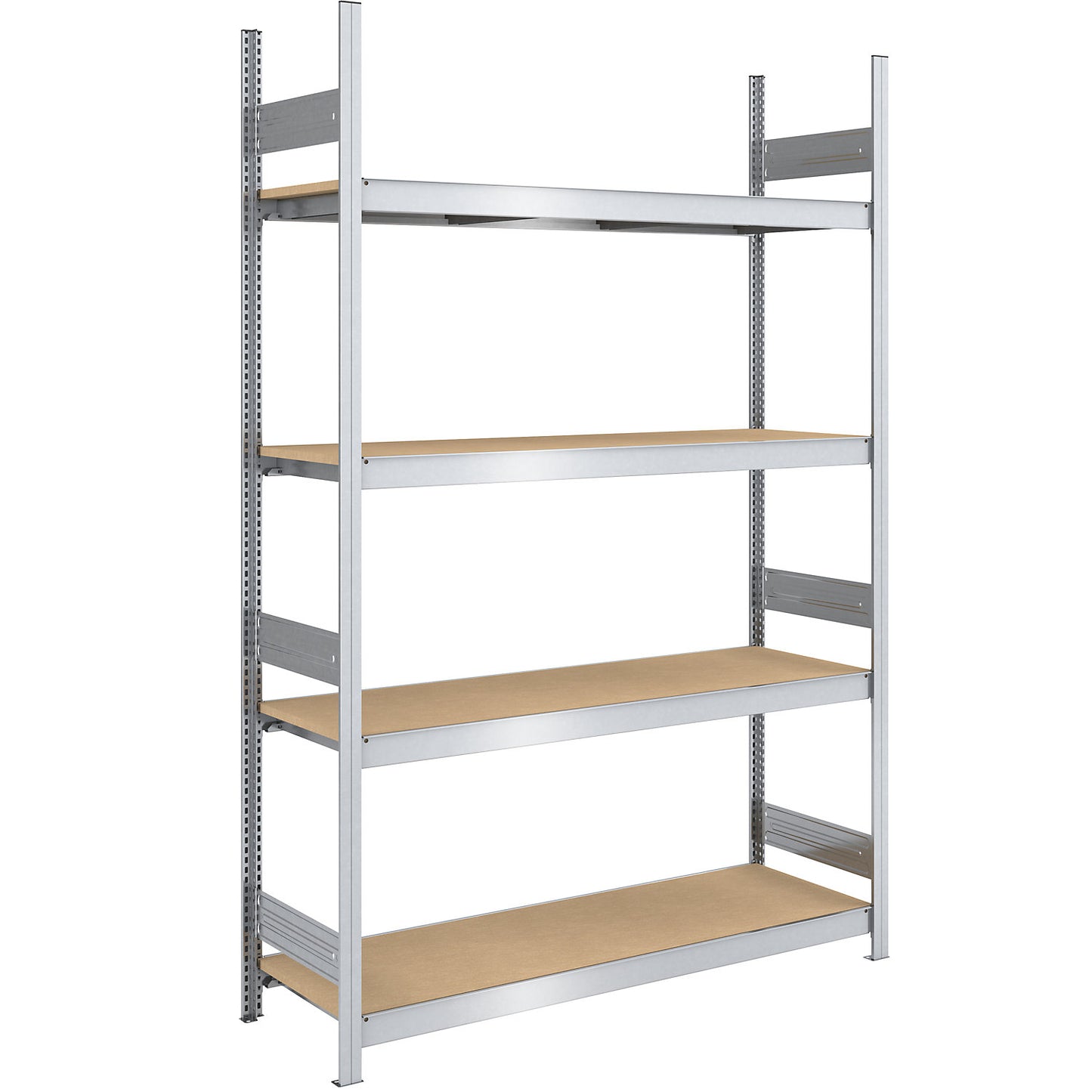 Wide span boltless shelf unit chipboard panels, height 2500 mm, width 1500 mm, max. bay load 1750 kg, depth 600 mm, standard shelf unit.
