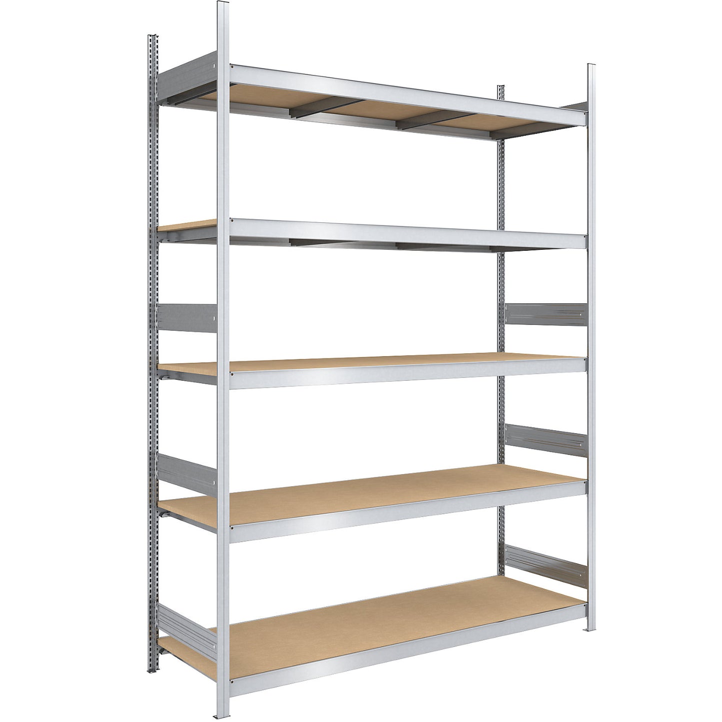 Wide span boltless shelf unit chipboard panels, height 3000 mm, width 2000 mm, max. bay load 2000 kg, depth 800 mm, standard shelf unit.