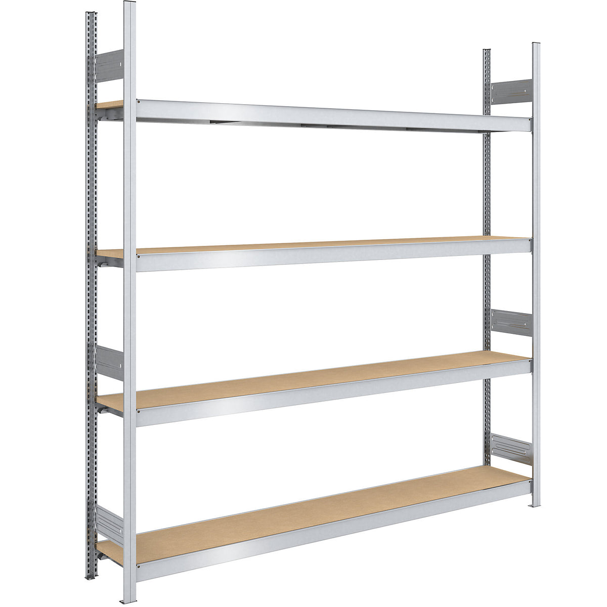 Wide span boltless shelf unit chipboard panels, height 2500 mm, width 2250 (2 x 1125) mm, max. bay load 1750 kg, depth 400 mm, standard shelf unit.