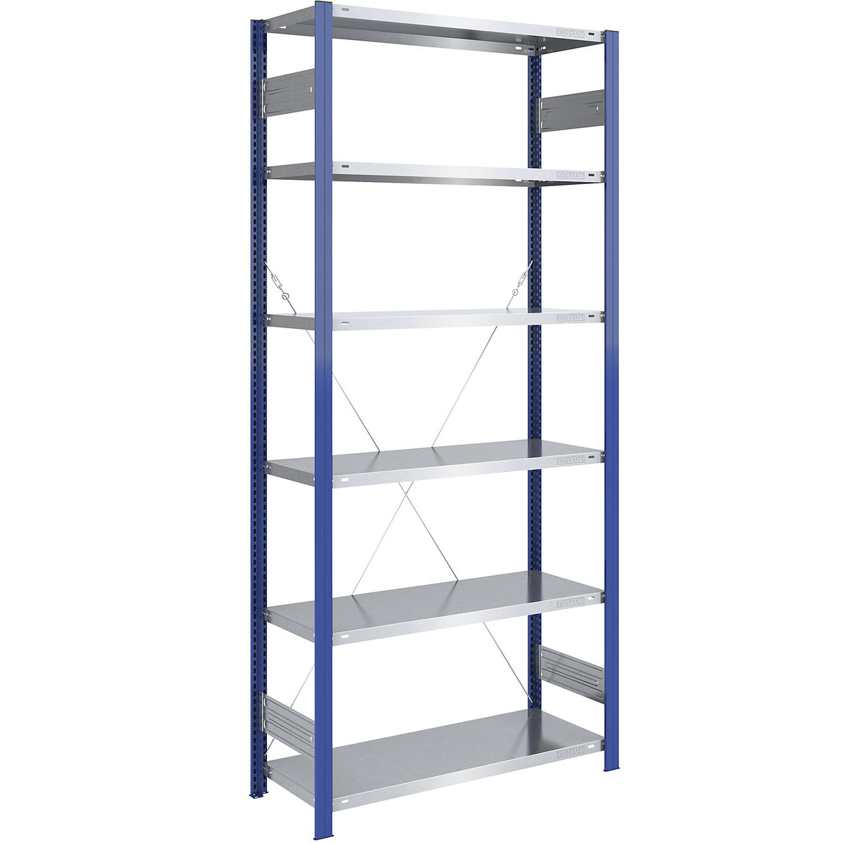 Boltless shelving unit, light duty, single-sided, HxWxD 2500 x 1000 x 500 mm, blue/zinc plated, standard shelf unit.