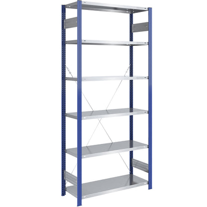Boltless shelving unit, light duty, single-sided, HxWxD 2500 x 1000 x 500 mm, blue/zinc plated, standard shelf unit.