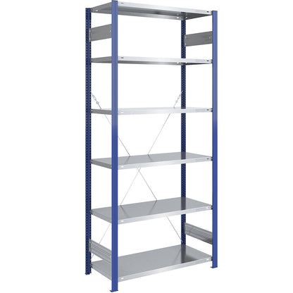 Boltless shelving unit, light duty, single-sided, HxWxD 2500 x 1000 x 600 mm, blue/zinc plated, standard shelf unit.