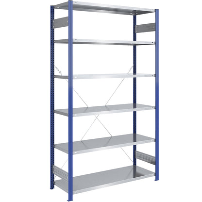 Boltless shelving unit, light duty, single-sided, HxWxD 2500 x 1300 x 600 mm, blue/zinc plated, standard shelf unit.