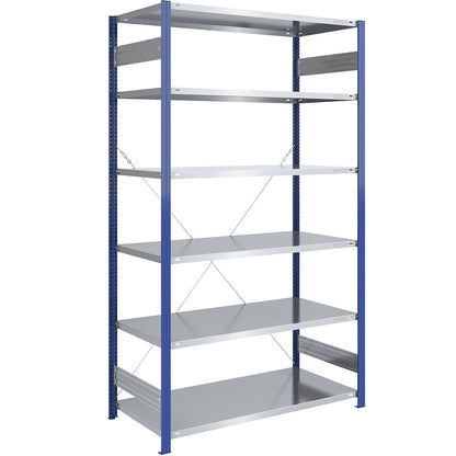 Boltless shelving unit, light duty, single-sided, HxWxD 2500 x 1300 x 800 mm, blue/zinc plated, standard shelf unit.