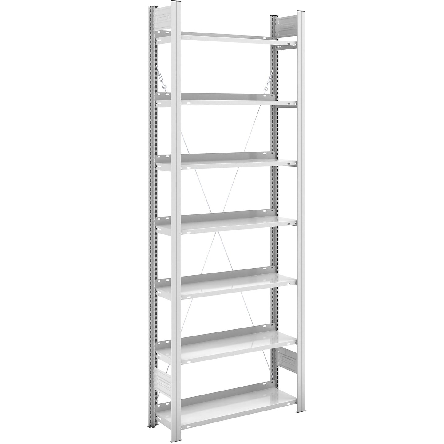 Boltless filing shelf unit, RAL 7035, shelf height 2350 mm, single sided, standard shelf unit, WxD 750 x 300 mm.