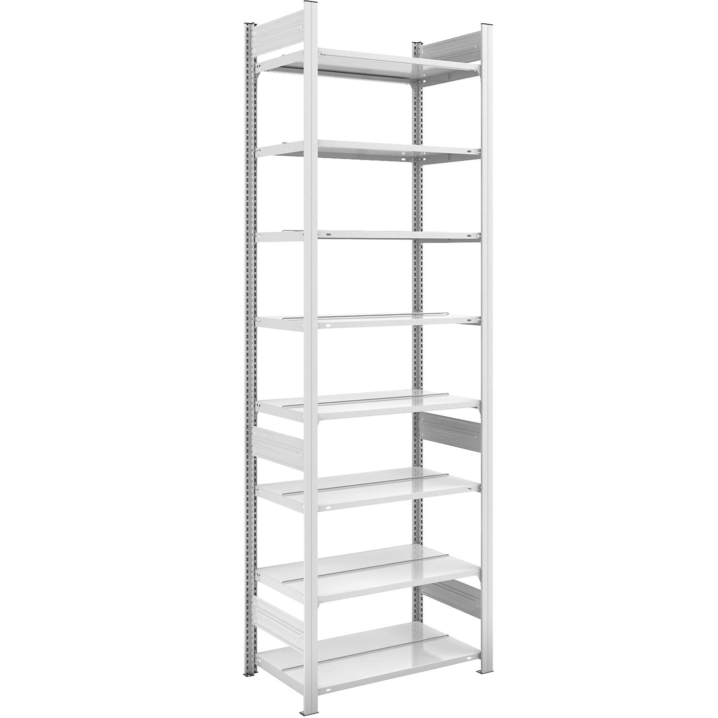 Boltless filing shelf unit, RAL 7035, shelf height 2700 mm, double sided, standard shelf unit, WxD 750 x 600 mm.