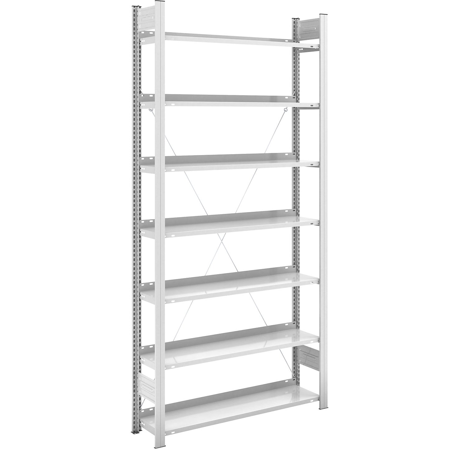 Boltless filing shelf unit, RAL 7035, shelf height 2350 mm, single sided, standard shelf unit, WxD 1000 x 300 mm.