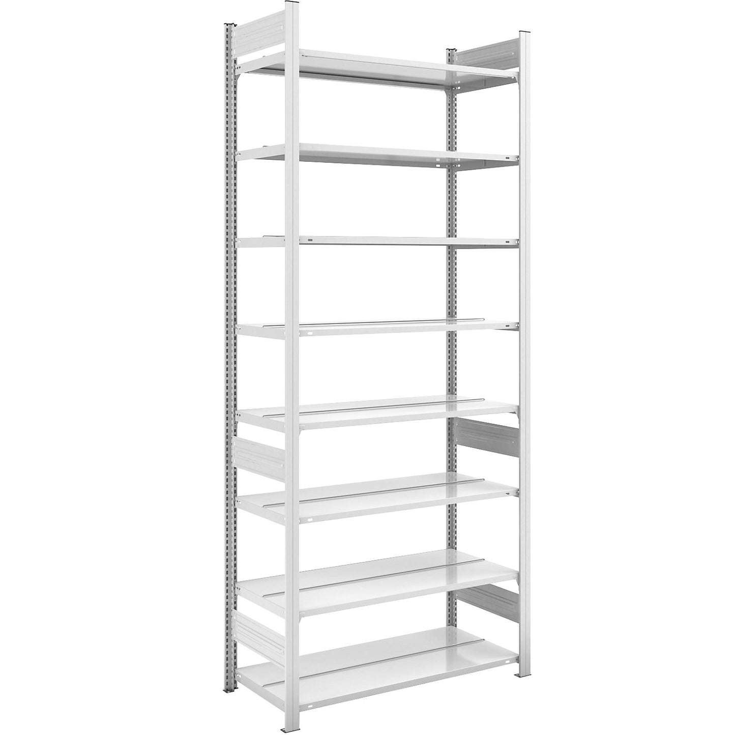 Boltless filing shelf unit, RAL 7035, shelf height 2700 mm, double sided, standard shelf unit, WxD 1000 x 600 mm.