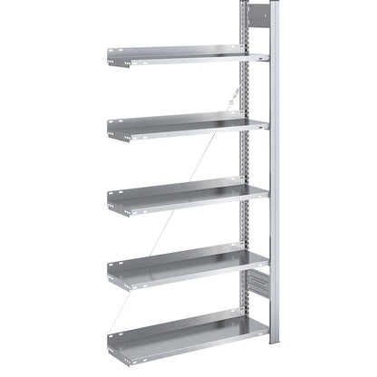 Boltless filing shelf unit, zinc plated, shelf height 1750 mm, single sided, extension shelf unit, WxD 750 x 300 mm.