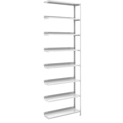 Bolt-together archive shelving, light grey RAL 7035, shelf height 2550 mm, extension shelf, width x depth 750 x 300 mm.