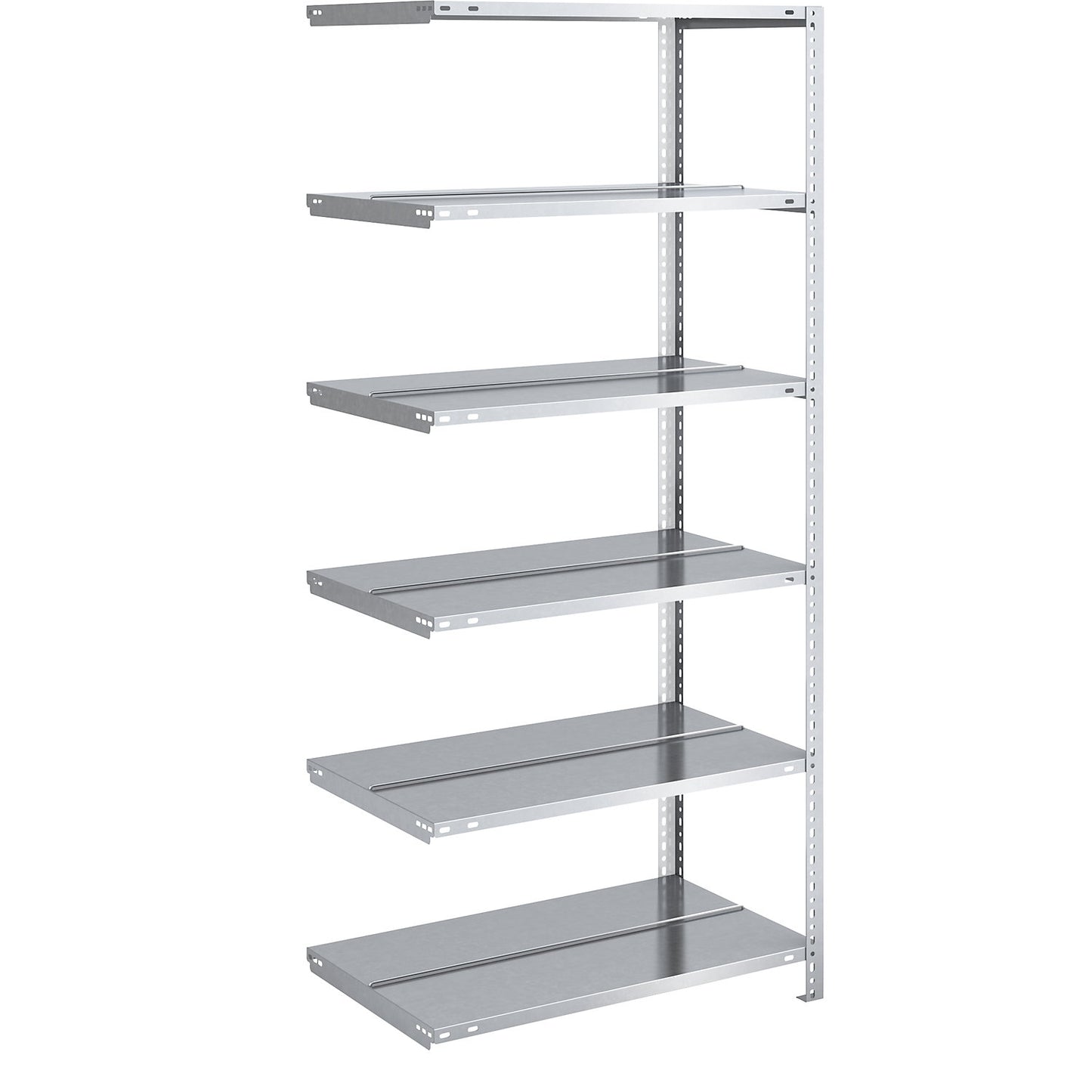 Bolt-together archive shelving, zinc plated, shelf height 1850 mm, double sided, extension shelf, width x depth 750 x 600 mm.