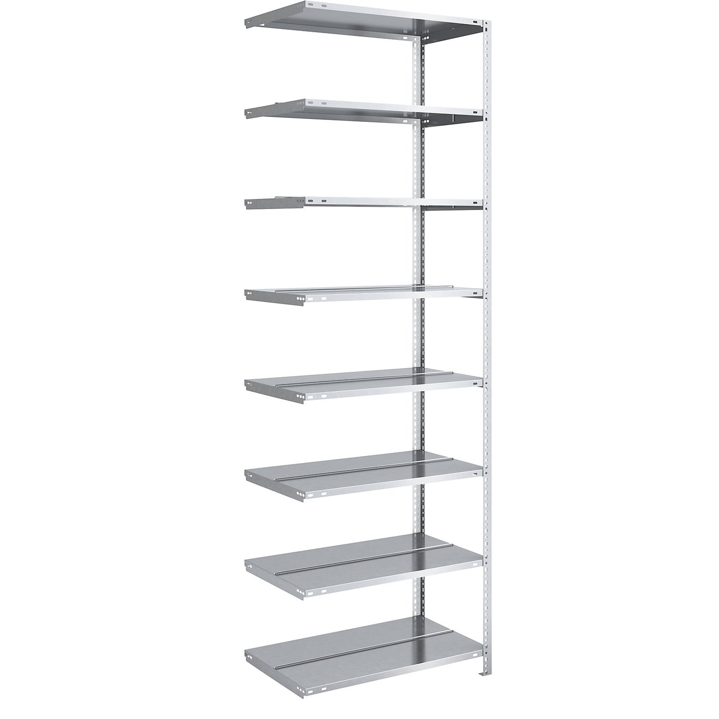 Bolt-together archive shelving, zinc plated, shelf height 2550 mm, double sided, extension shelf, width x depth 750 x 600 mm.