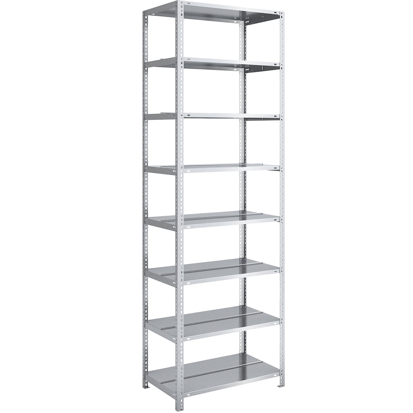 Bolt-together archive shelving, zinc plated, shelf height 2550 mm, double sided, standard shelf, width x depth 750 x 600 mm.