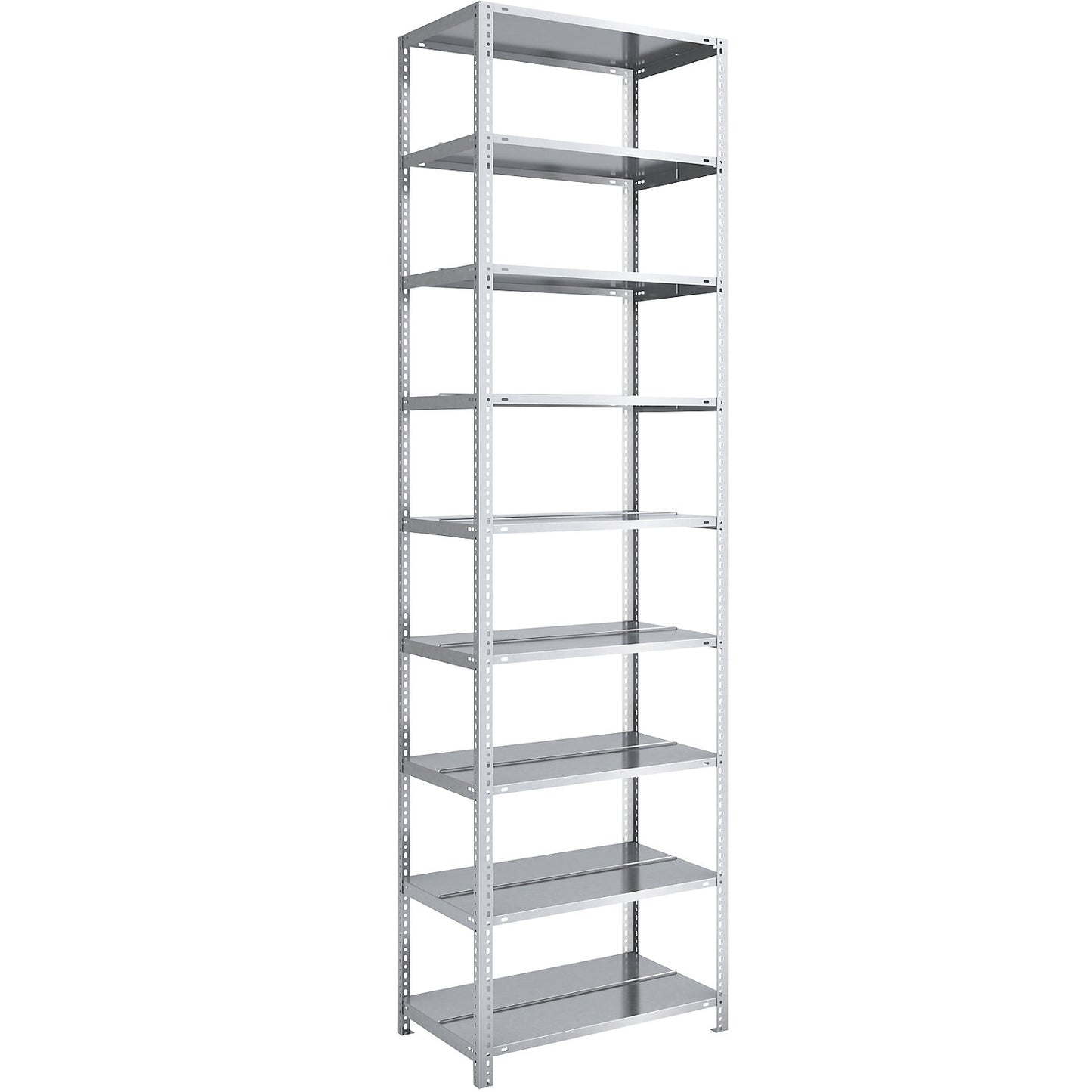 Bolt-together archive shelving, zinc plated, shelf height 2900 mm, double sided, standard shelf, width x depth 750 x 600 mm.