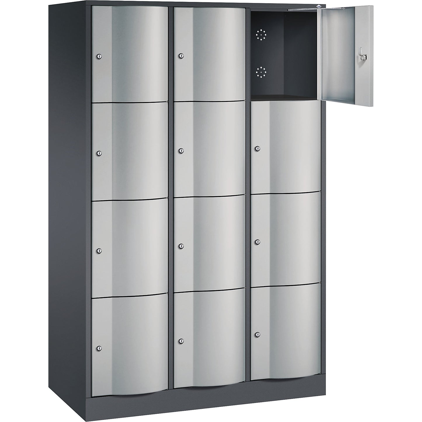Resisto 4-fold compartment locker, 3 compartments, black grey / white aluminium.
