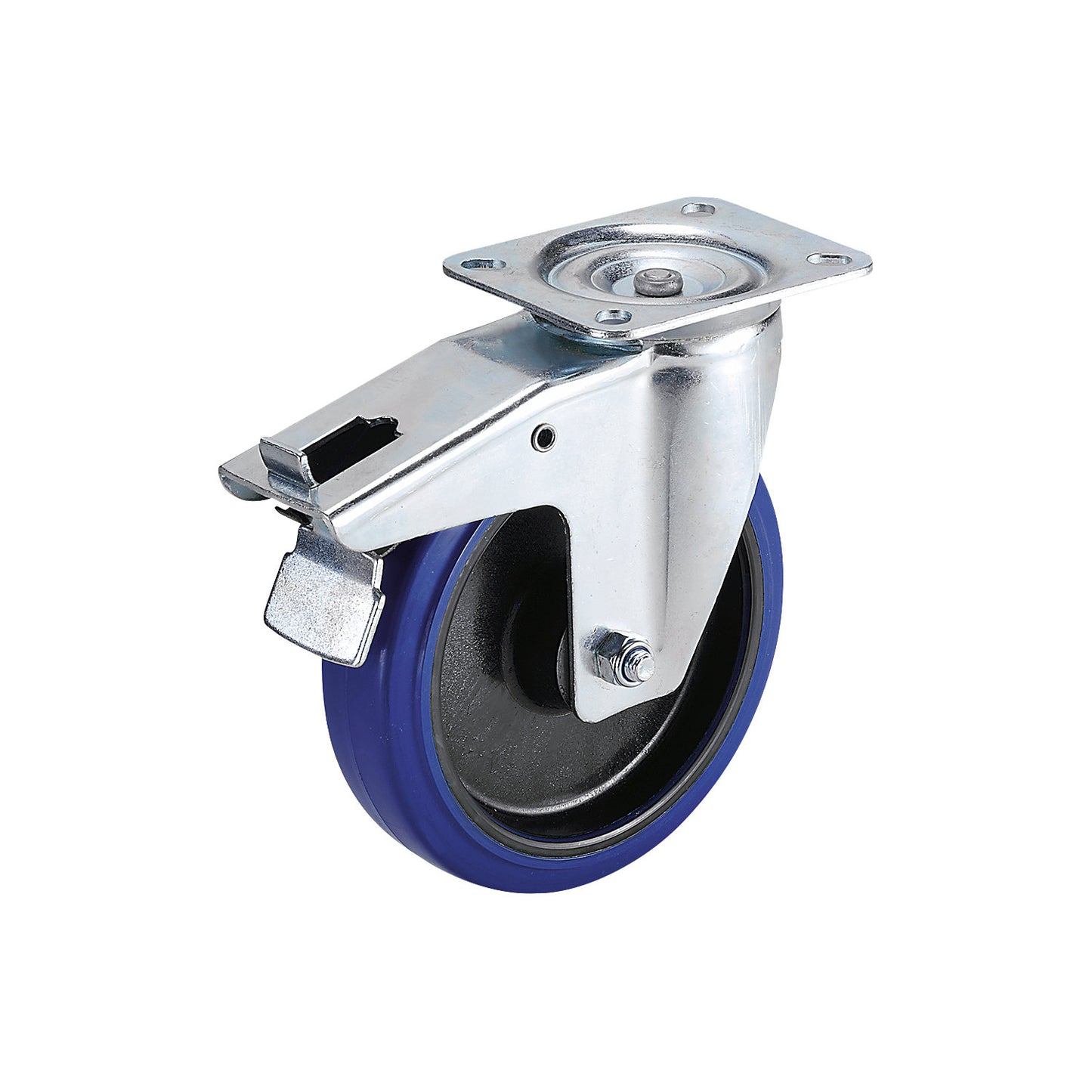 Full-elastic tyres on plastic rims, wheel Ø x width 80 x 35 mm, swivel castor with double stop.