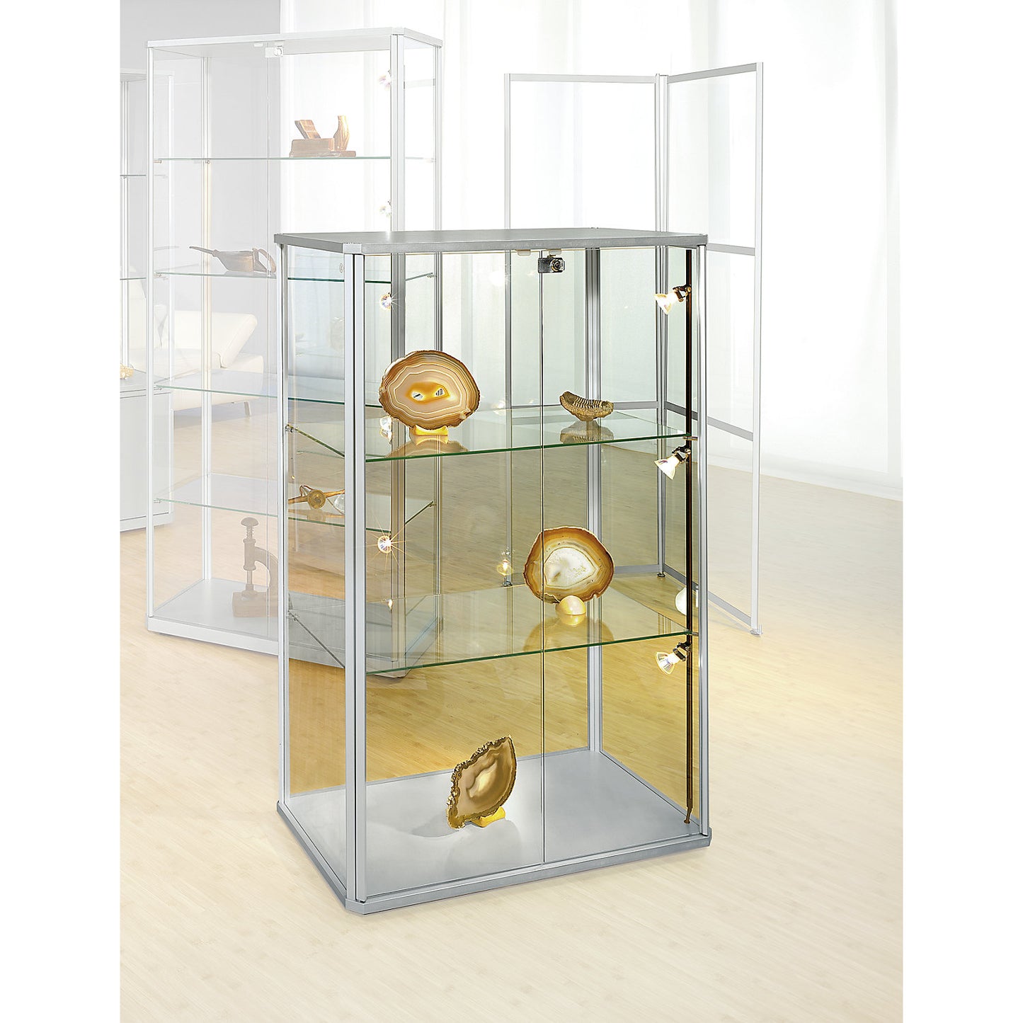 Designer glass cabinet, half height, HxWxD 1280 x 820 x 420 mm, with LED lighting.