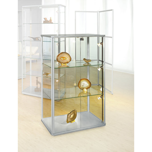 Designer glass cabinet, half height, HxWxD 1280 x 820 x 420 mm, with LED lighting.